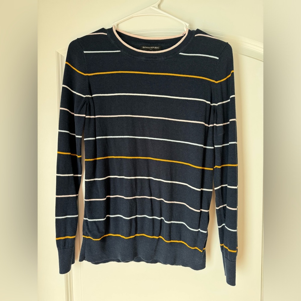 Banana Republic (M) Washable Forever Multi-Striped CrewNeck Sweater Navy Stripes